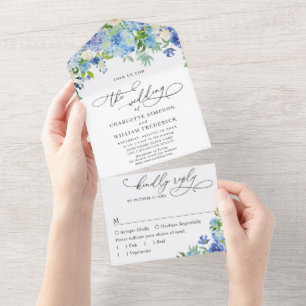 Elegant Blue Hydrangea Watercolor Greenery Wedding All In One Invitation