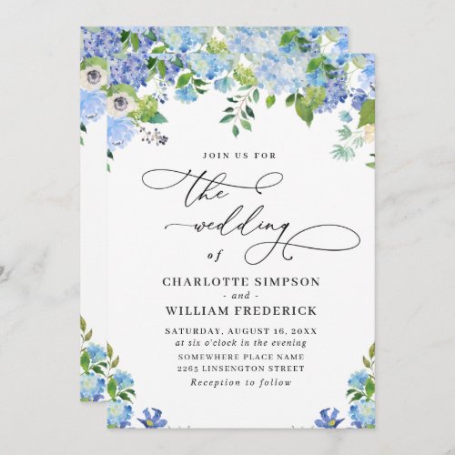 Elegant Blue Hydrangea Watercolor Greenery Wedding Invitation