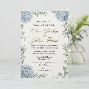 Elegant Blue Hydrangea Watercolor Wedding Invitation