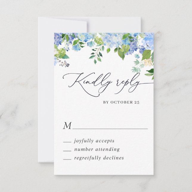 Elegant Blue Hydrangea Watercolor Wedding RSVP Card (Front)