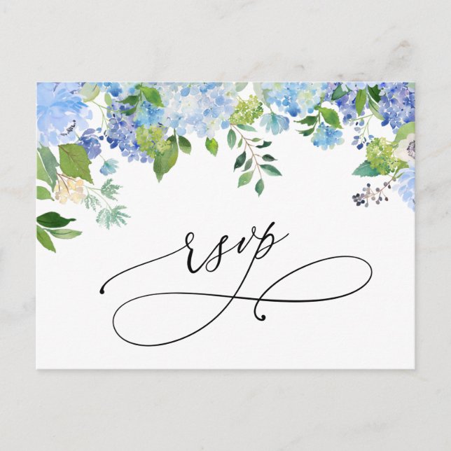 Elegant Blue Hydrangea Watercolor Wedding RSVP Postcard (Front)