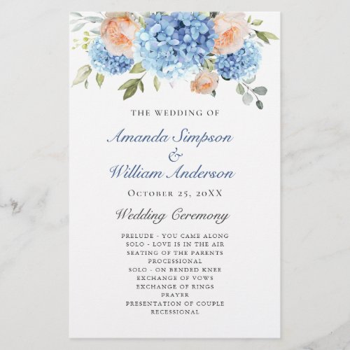 Elegant Blue Hydrangea Wedding Ceremony Program