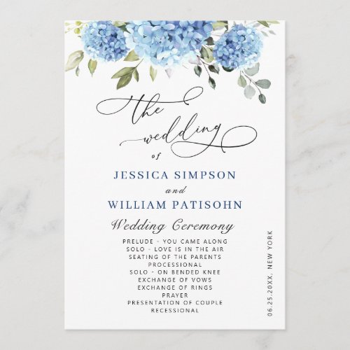 Elegant Blue Hydrangea Wedding Ceremony Program