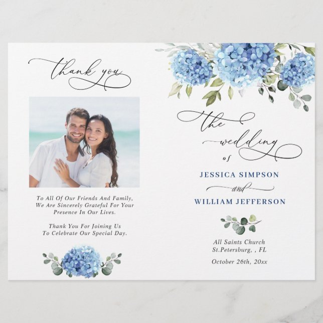 Elegant Blue Hydrangea Wedding Ceremony Program (Front)
