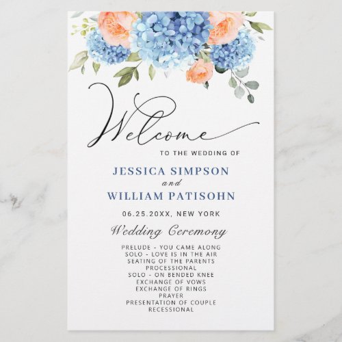 Elegant Blue Hydrangea Wedding Ceremony Program