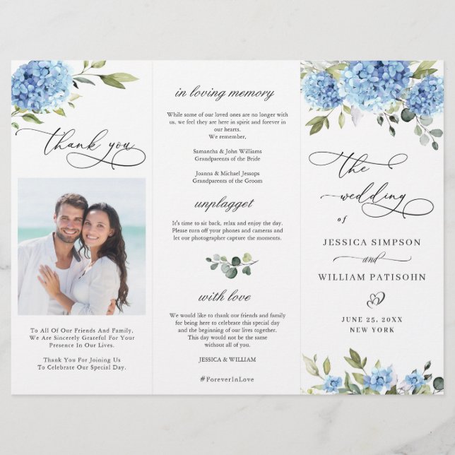 Elegant Blue Hydrangea Wedding Ceremony Program (Front)