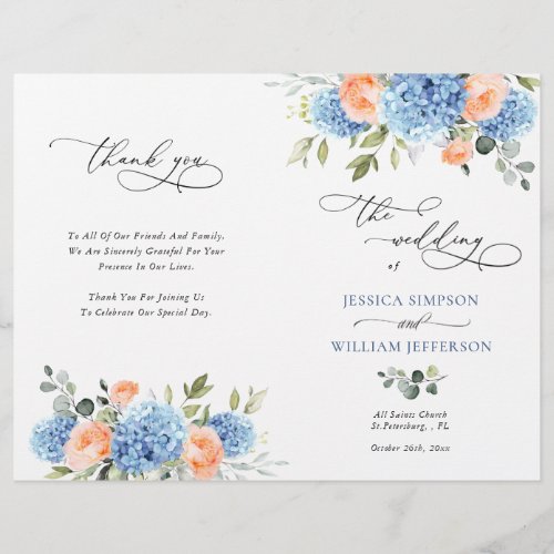 Elegant Blue Hydrangea Wedding Ceremony Program