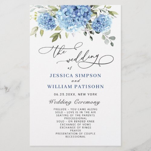 Elegant Blue Hydrangea Wedding Ceremony Program