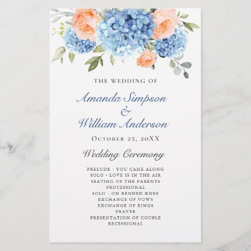 Elegant Blue Hydrangea Wedding Ceremony Program