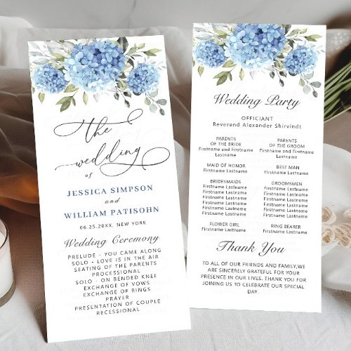 Elegant Blue Hydrangea Wedding Ceremony Program