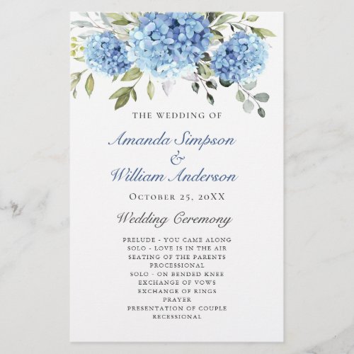 Elegant Blue Hydrangea Wedding Ceremony Program