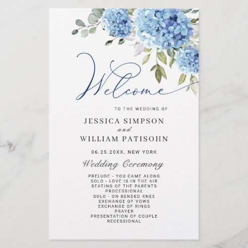 Elegant Blue Hydrangea Wedding Ceremony Program