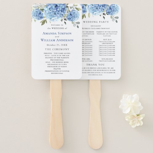 Elegant Blue Hydrangea Wedding Ceremony Program Hand Fan