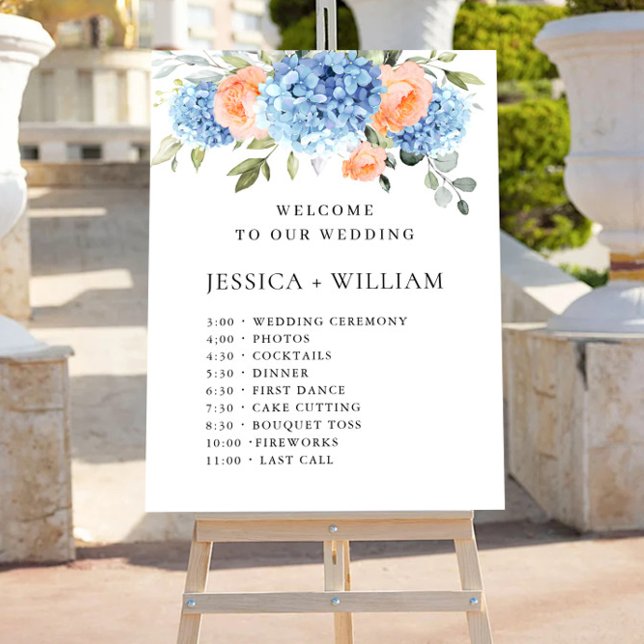 Elegant Blue Hydrangea Wedding Day Timeline Foam Board (Creator Uploaded)