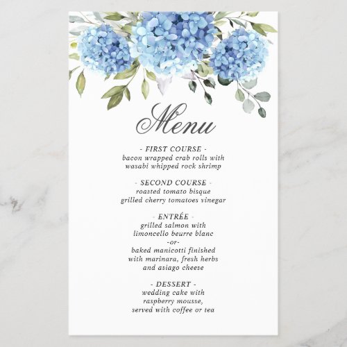 Elegant Blue Hydrangea Wedding Dinner Menu
