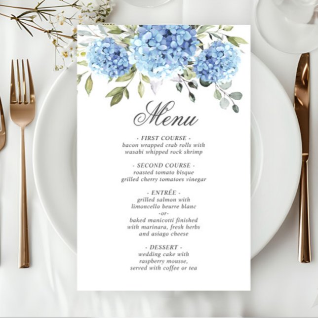 Elegant Blue Hydrangea Wedding Dinner Menu (Creator Uploaded)
