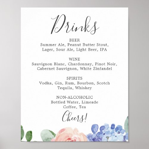 Elegant Blue Hydrangea Wedding Drinks Menu Sign