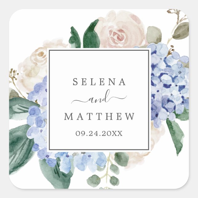 Elegant Blue Hydrangea Wedding Envelope Seals (Front)