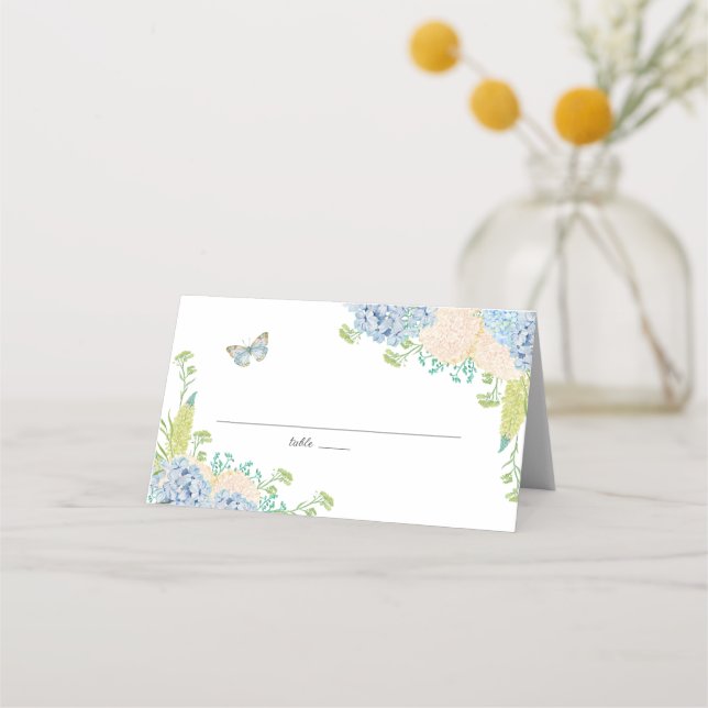 Elegant Blue Hydrangea Wedding Folded Place Card (Front)