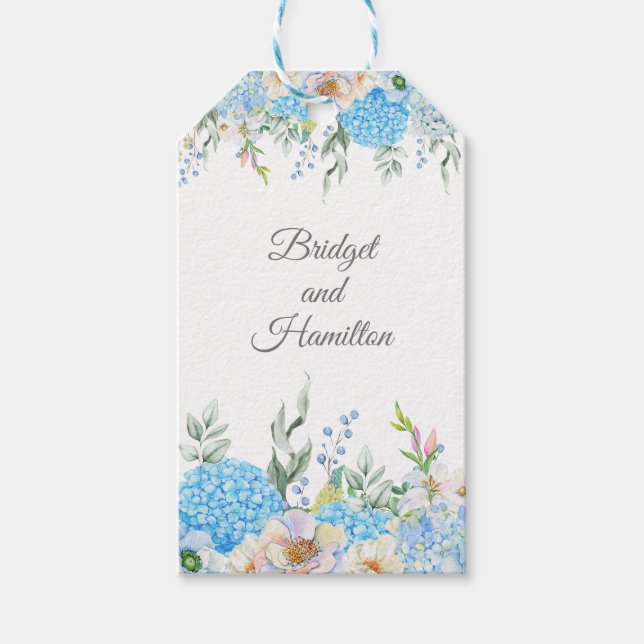 Elegant Blue Hydrangea Wedding Gift Tags (Front)