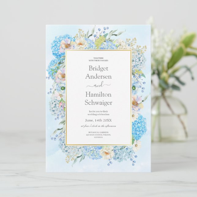 Elegant Blue Hydrangea Wedding Invitation (Standing Front)