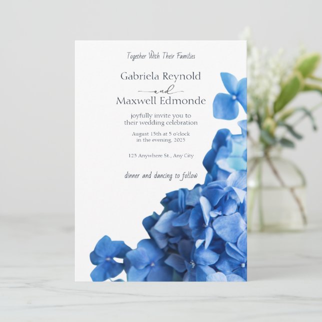 Elegant Blue Hydrangea Wedding Invitation (Standing Front)