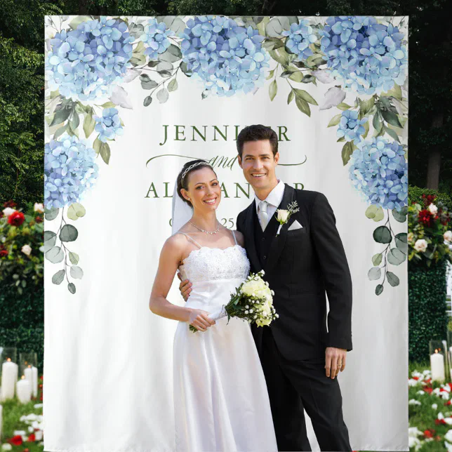 Elegant Blue Hydrangea Wedding Photo Backdrop | Zazzle
