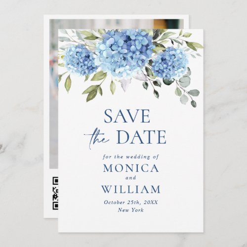 Elegant Blue Hydrangea Wedding QR code Photo Save The Date