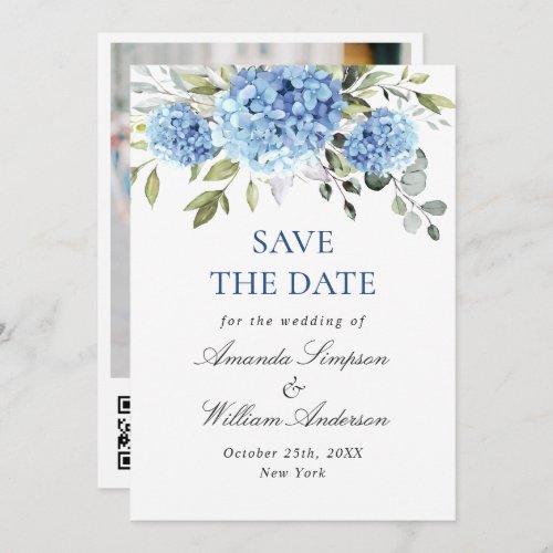 Elegant Blue Hydrangea Wedding QR code Photo Save The Date