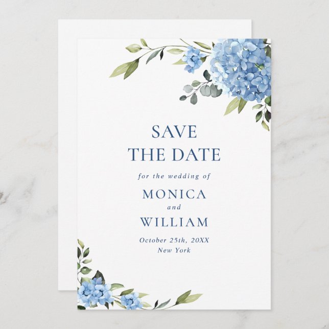 Elegant Blue Hydrangea Wedding QR code Photo Save The Date (Front/Back)