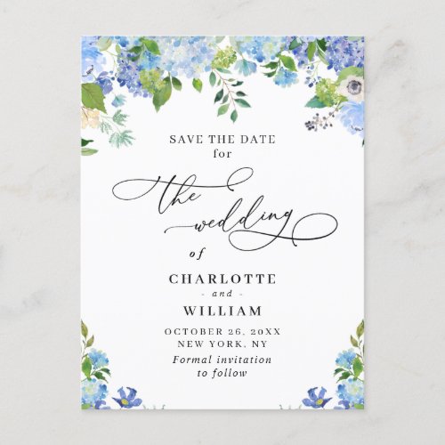 Elegant Blue Hydrangea Wedding QR Save the Date Postcard