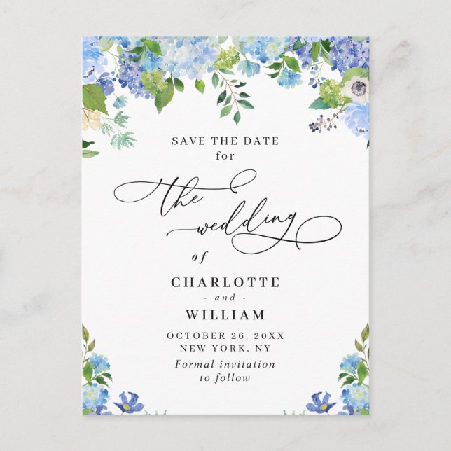 Elegant Blue Hydrangea Wedding QR Save the Date Postcard (Front)