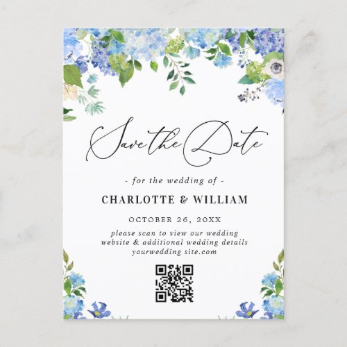 Elegant Blue Hydrangea Wedding QR Save the Date Postcard