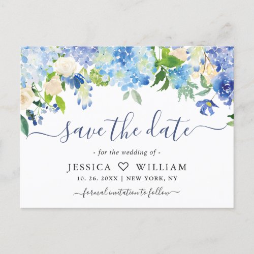 Elegant Blue Hydrangea Wedding Save The Date Announcement Postcard