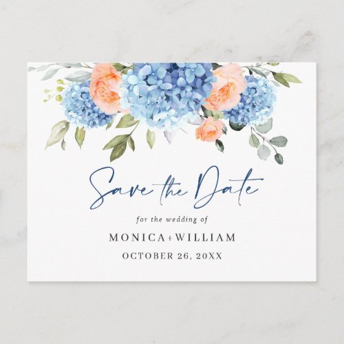 Elegant Blue Hydrangea Wedding Save the Date Postcard