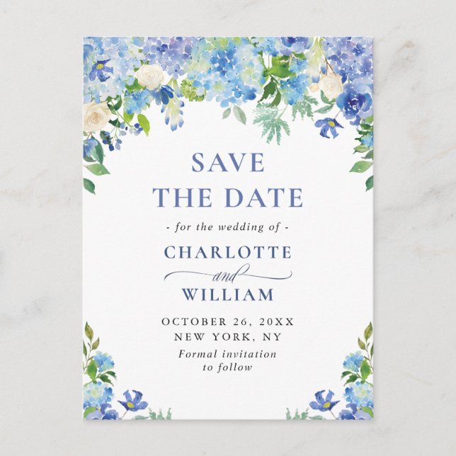 Elegant Blue Hydrangea Wedding Save The Date Postcard (Front)