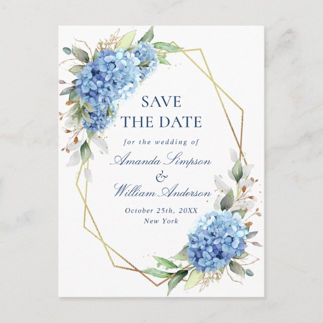 Elegant Blue Hydrangea Wedding Save the Date Postcard (Front)