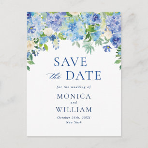 Elegant Blue Hydrangea Wedding Save the Date Postcard