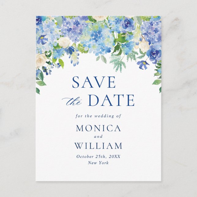 Elegant Blue Hydrangea Wedding Save the Date Postcard (Front)