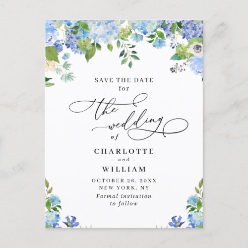 Elegant Blue Hydrangea Wedding Save the Date Postcard