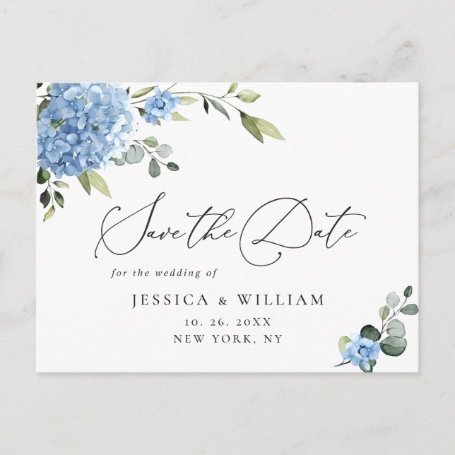 Elegant Blue Hydrangea Wedding Save the Date Postcard (Front)