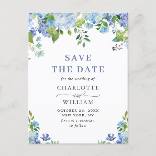 Elegant Blue Hydrangea Wedding Save The Date Postcard