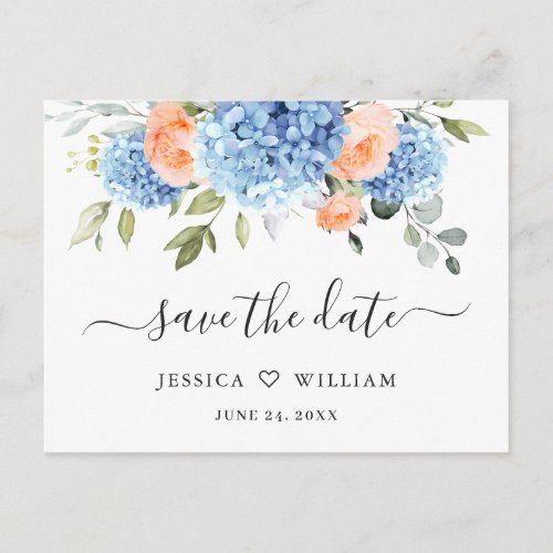 Elegant Blue Hydrangea Wedding Save the Date Postcard