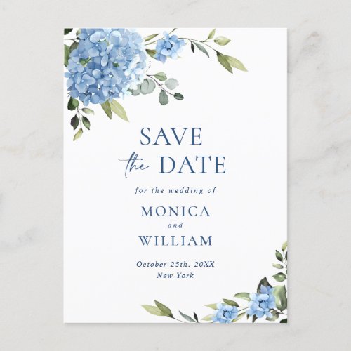 Elegant Blue Hydrangea Wedding Save the Date Postcard