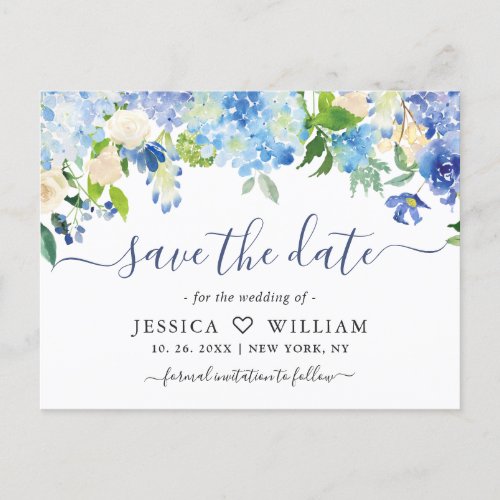Elegant Blue Hydrangea Wedding Save The Date Postcard