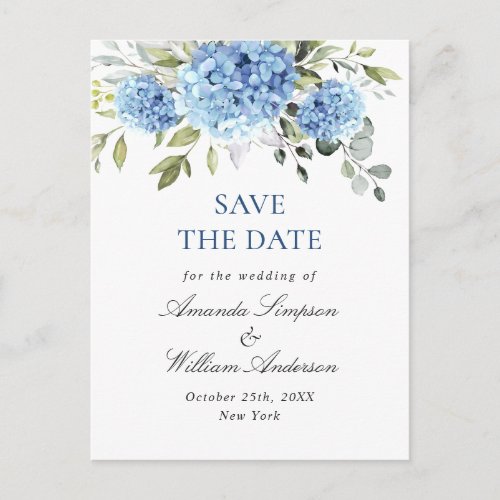 Elegant Blue Hydrangea Wedding Save the Date QR Postcard