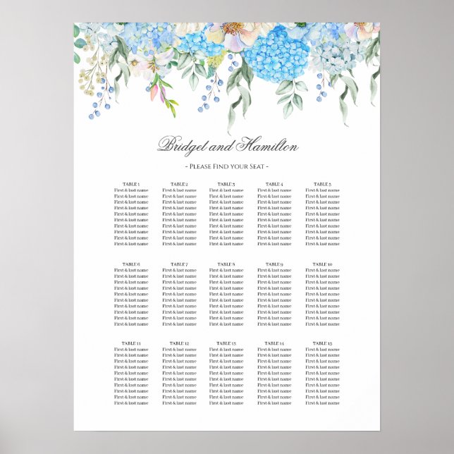 Elegant Blue Hydrangea Wedding Seating Chart (Front)