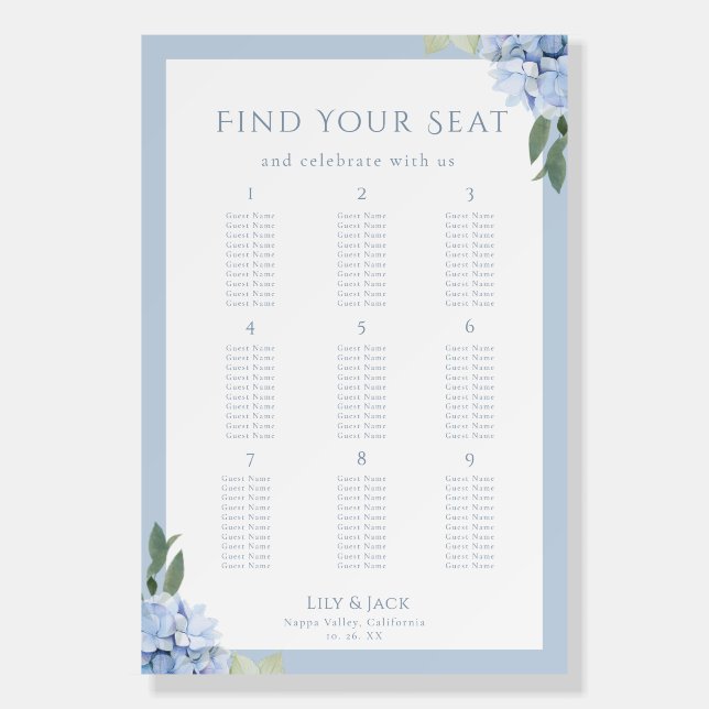 Elegant  Blue Hydrangea Wedding Seating Chart 9 Foam Board (Front)