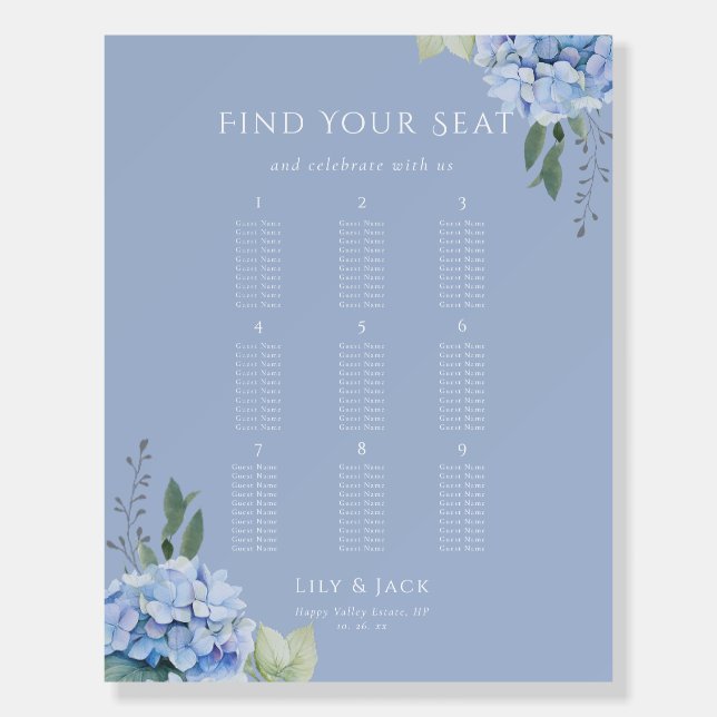 Elegant  Blue Hydrangea Wedding Seating Chart 9 Foam Board (Front)