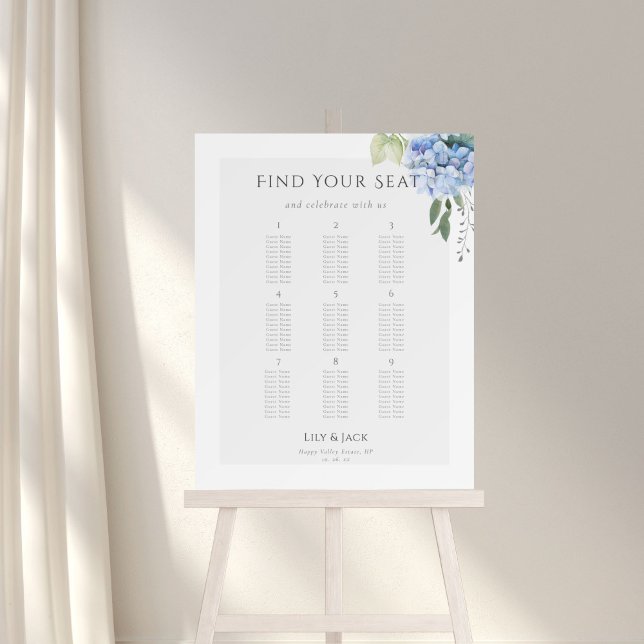 Elegant  Blue Hydrangea Wedding Seating Chart 9 Foam Board (Creator Uploaded)